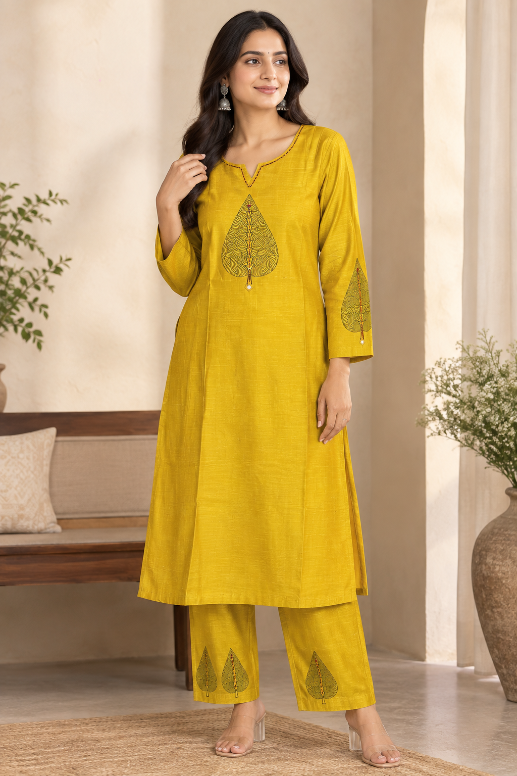 Mustard Yellow Peepal Leaf Block Print Silk Co-ord Set