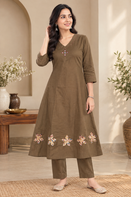 Brown Applique Dabhu Cotton Co-ord Set