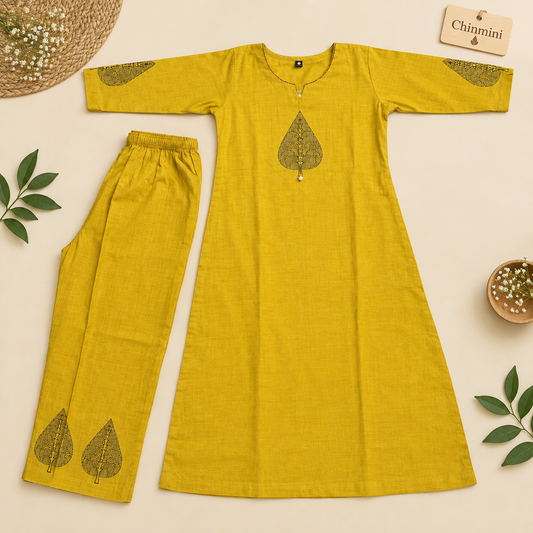 Mustard Yellow Peepal Leaf Block Print Silk Co-ord Set