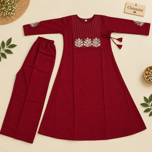 Maroon Applique A-Line Dabhu Cotton Set