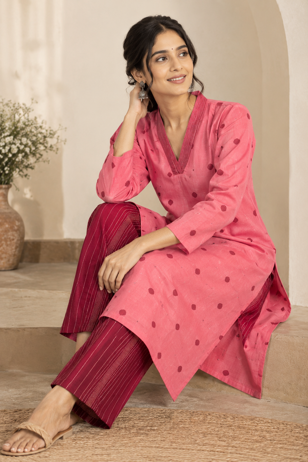 Peach Handloom Woven Butta Co-ord Set with V-Neck Kantha Stitch Detail