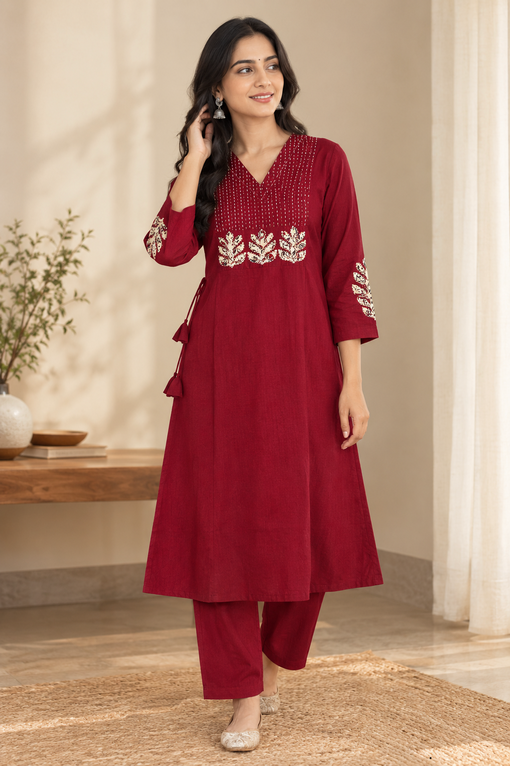Maroon Applique A-Line Dabhu Cotton Set