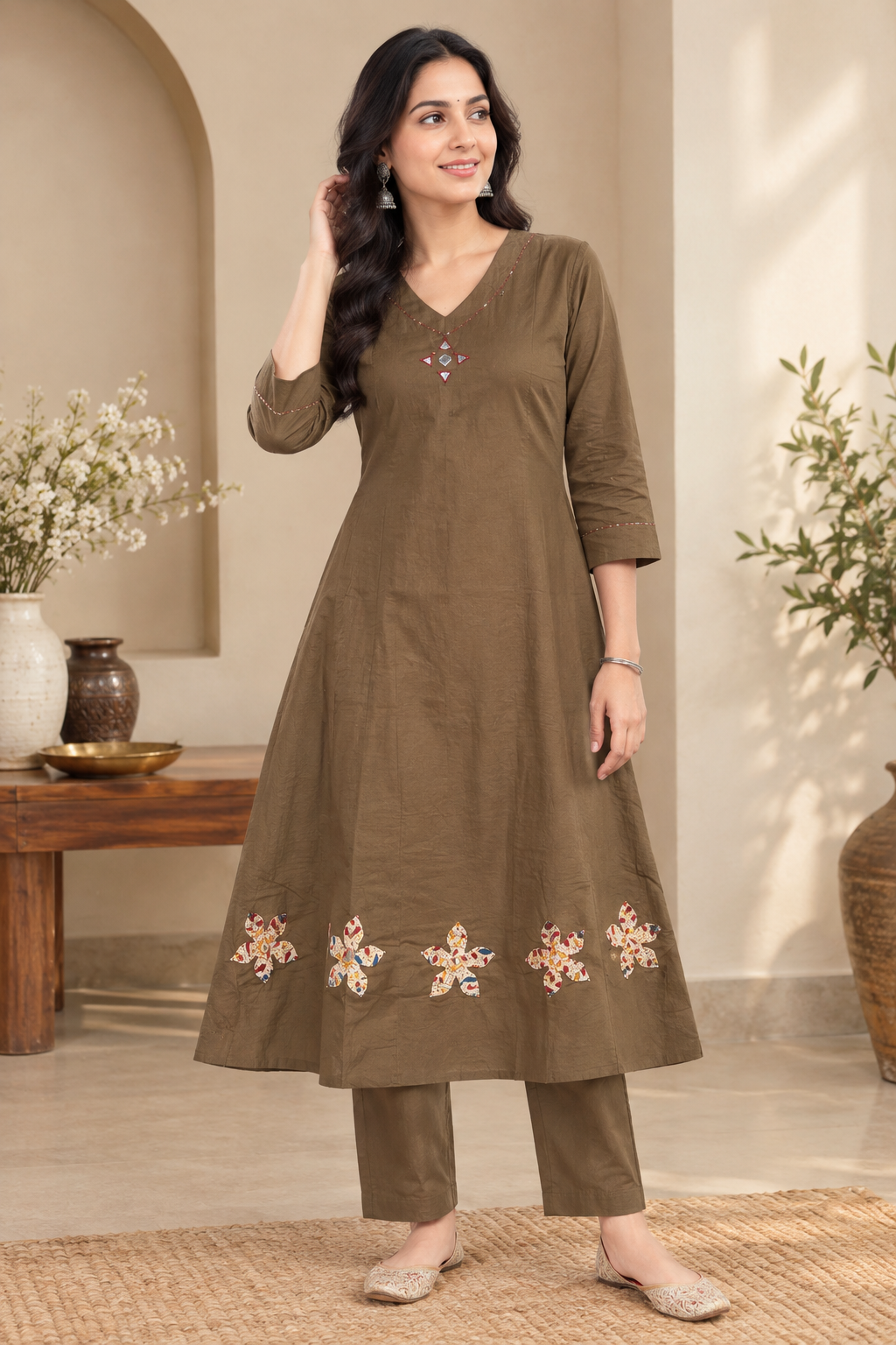 Brown Applique Dabhu Cotton Co-ord Set