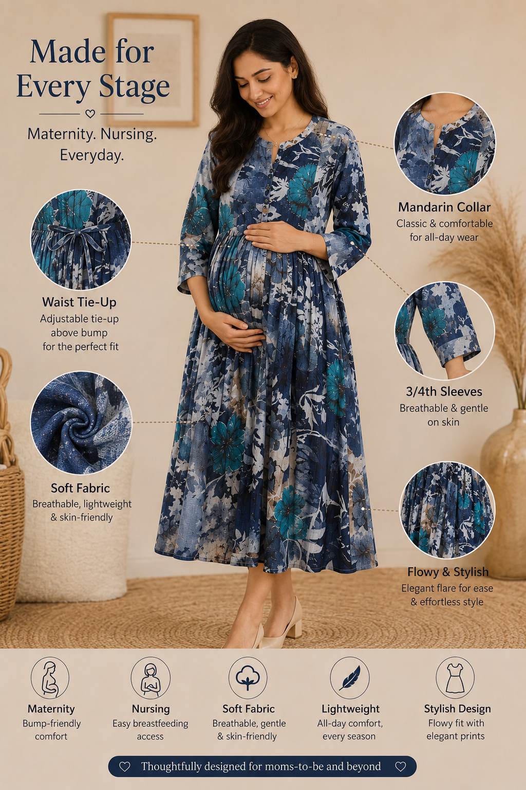 Meadow Blue Feeding Dress(Mandarin Collar Dress)