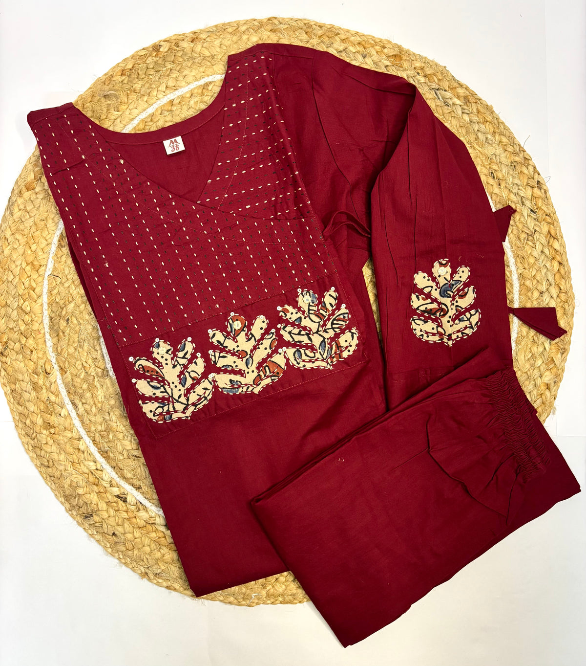 Maroon Applique A-Line Dabhu Cotton Set