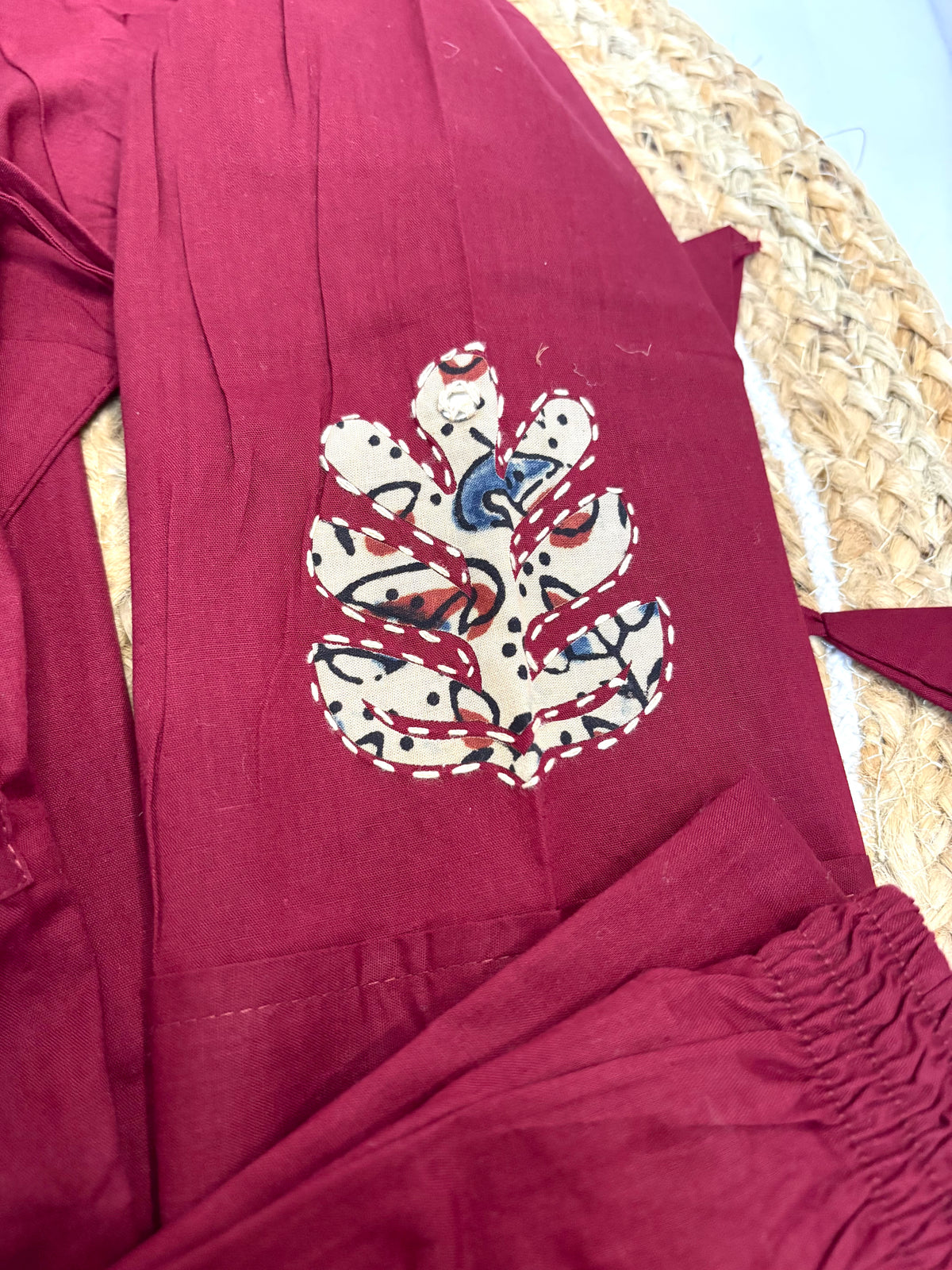 Maroon Applique A-Line Dabhu Cotton Set