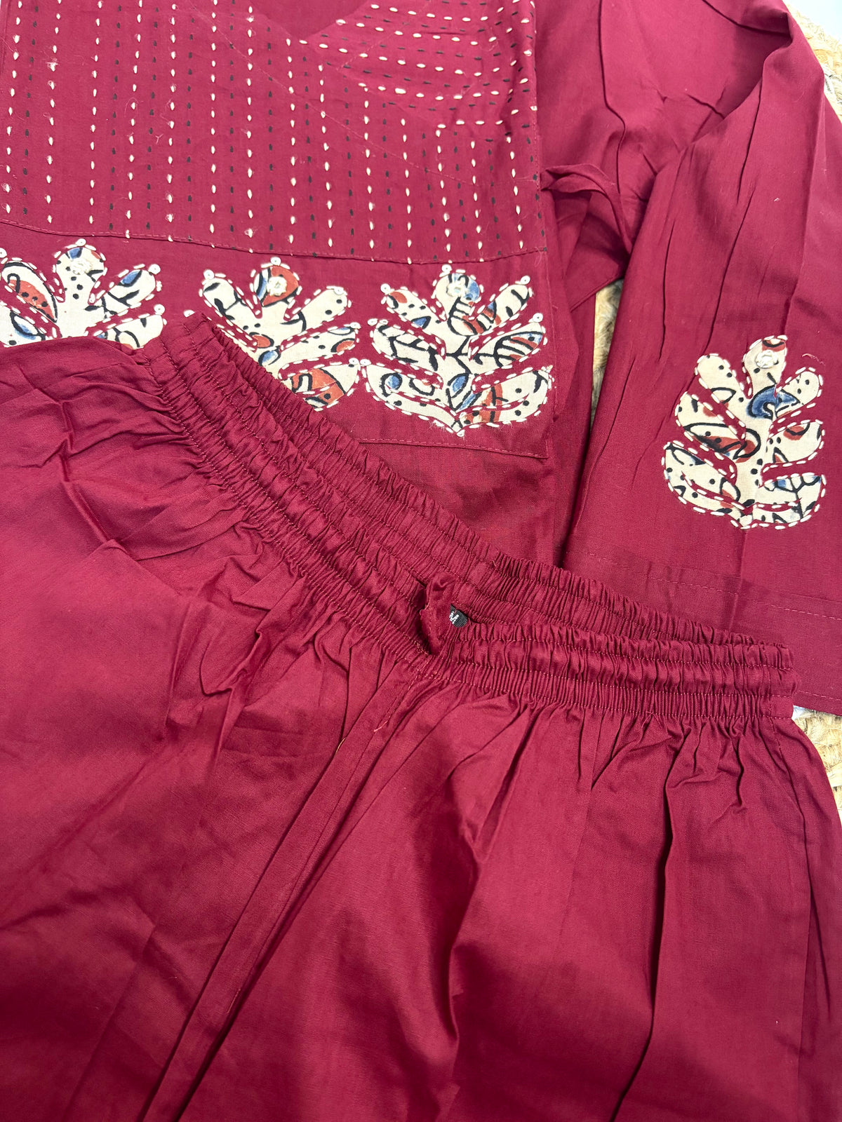Maroon Applique A-Line Dabhu Cotton Set