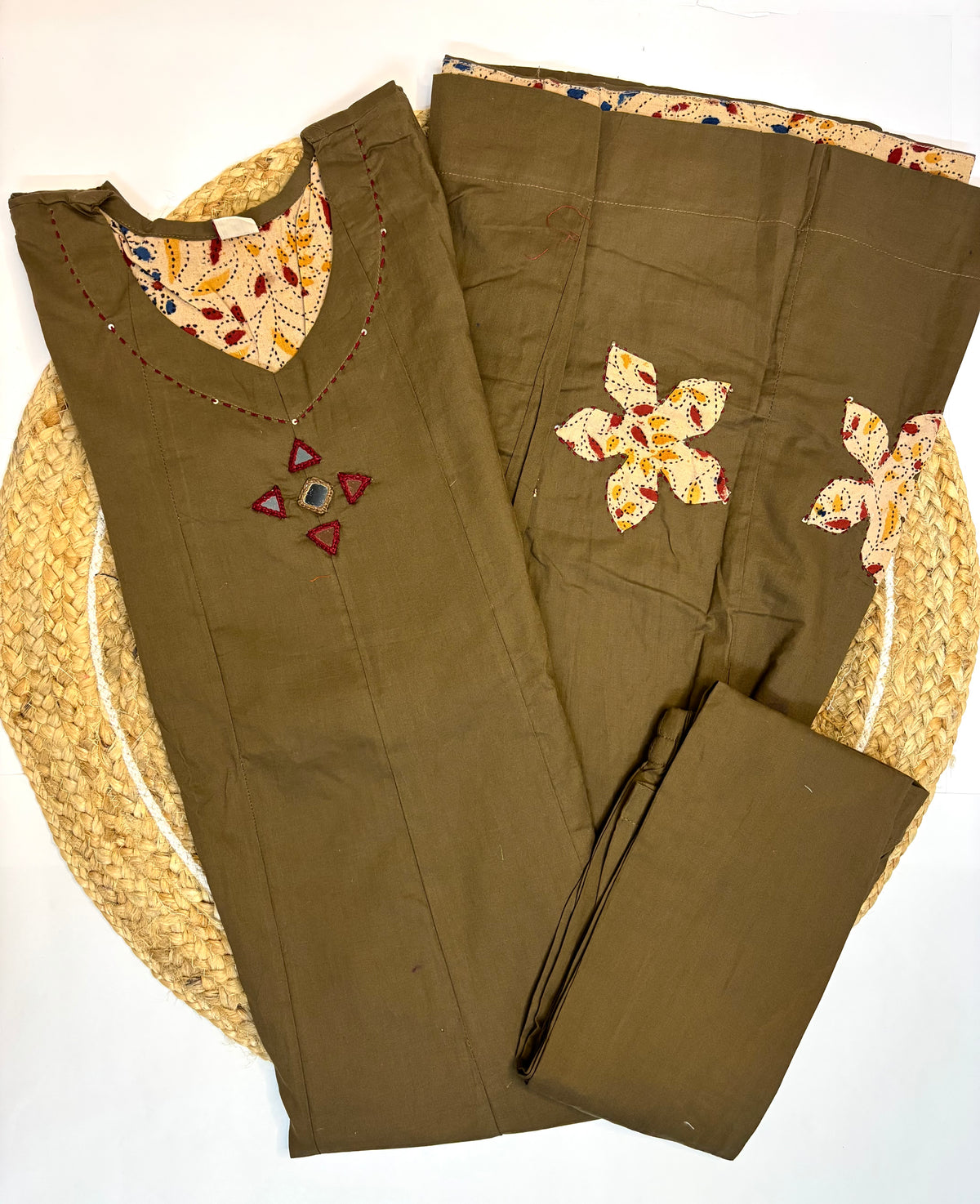 Brown Applique Dabhu Cotton Co-ord Set