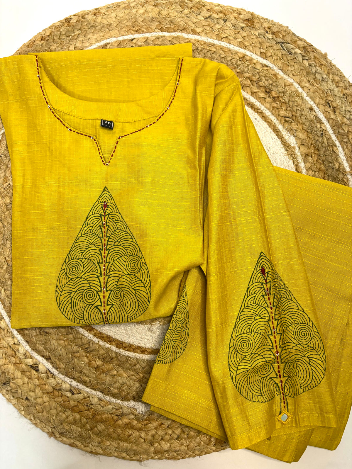 Mustard Yellow Peepal Leaf Block Print Silk Co-ord Set
